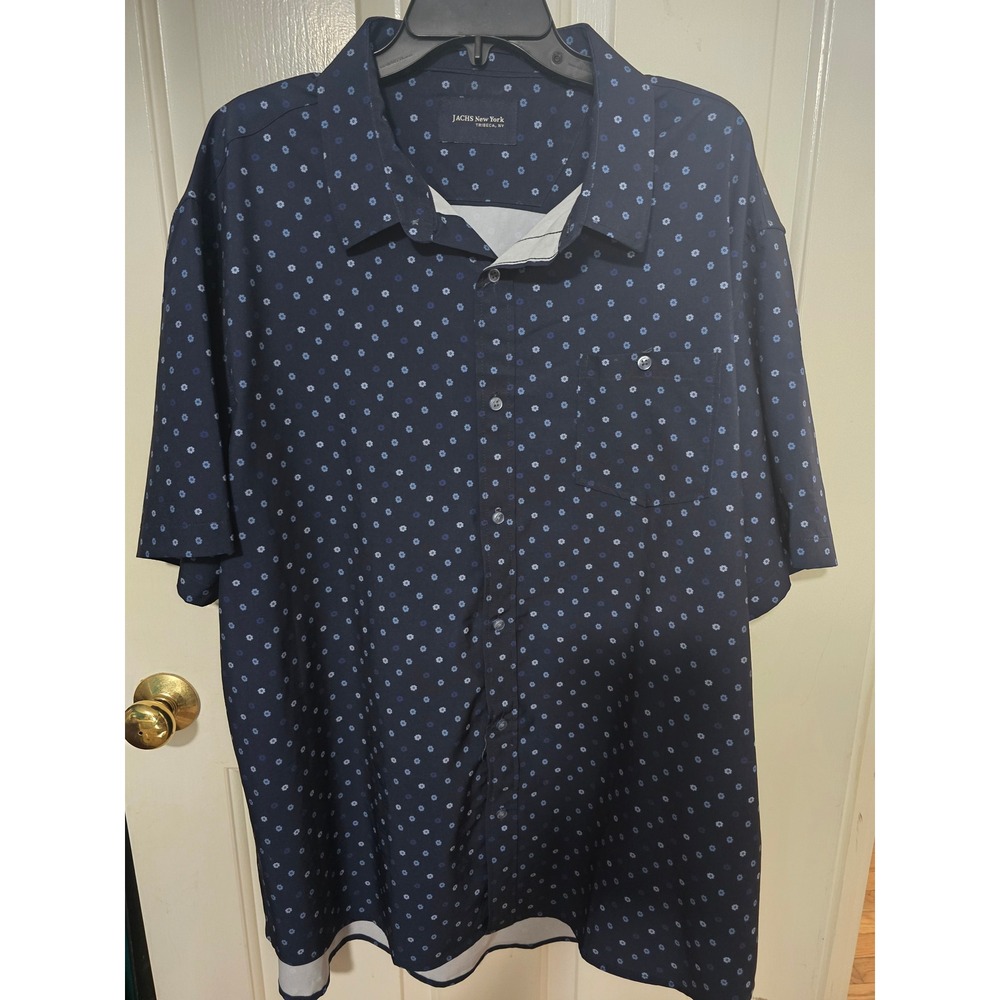 JACHS New York Mens Navy Blue Floral Micro Print Short Sleeve Button Down Shirt